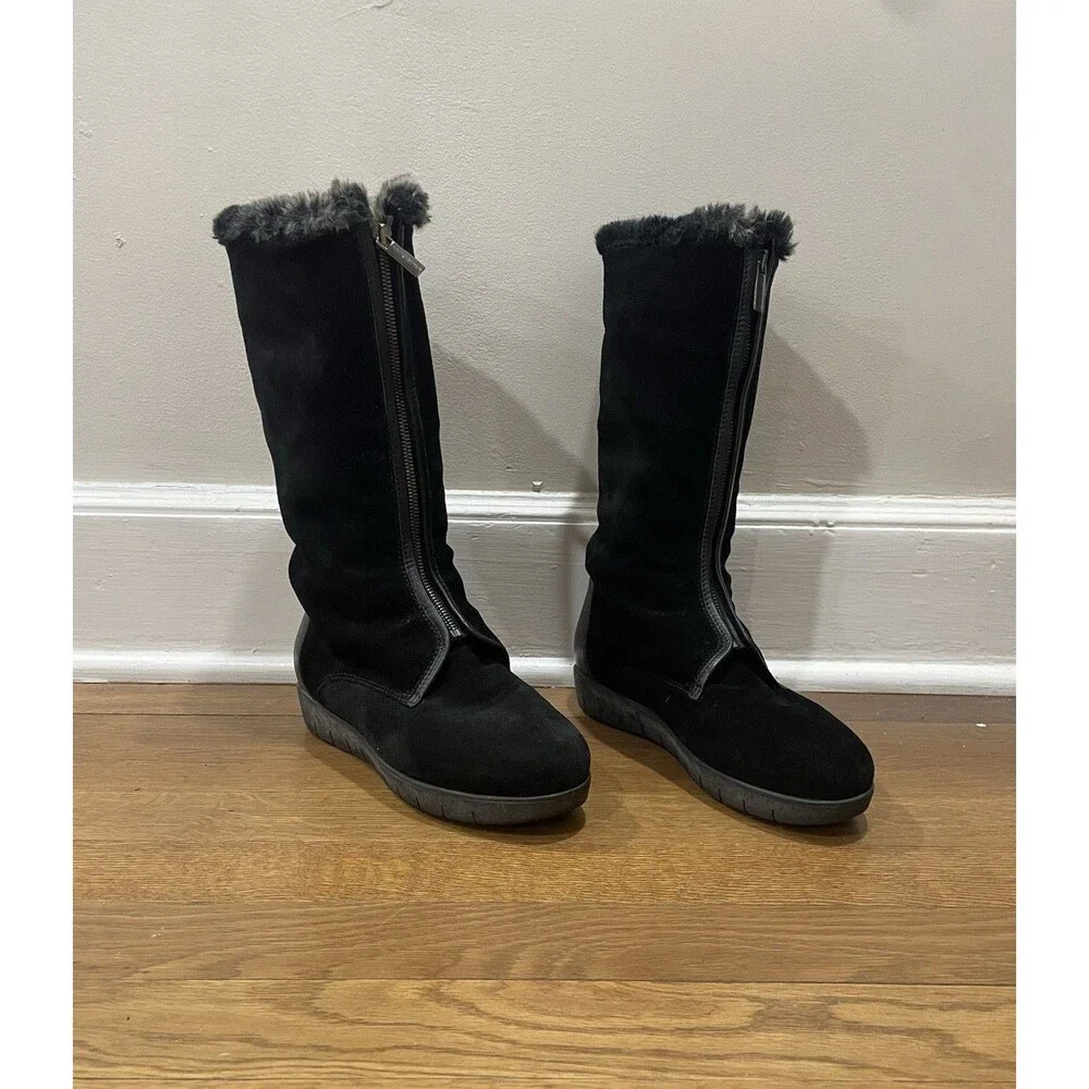 Aquatalia Black Suede Front Zipper Faux Fur Boots Women's Size 7 Cozy Winter